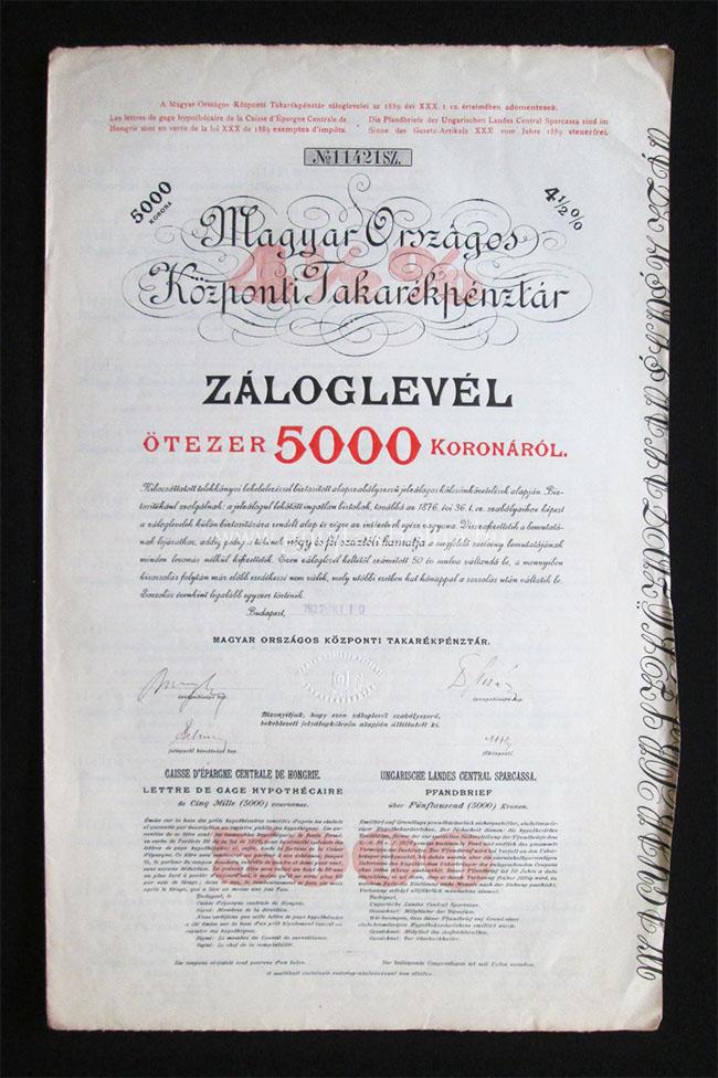 Magyar Országos Központi Takarékpénztár záloglevél 5000 kor 1922